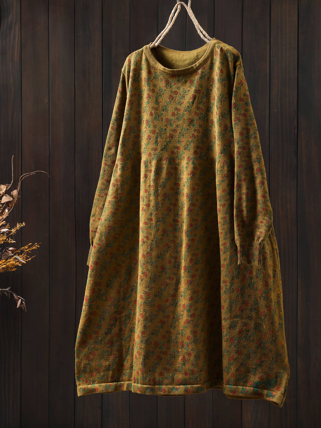 Retro Cotton Round Neck Floral Printed Loose Long Sleeves Dress