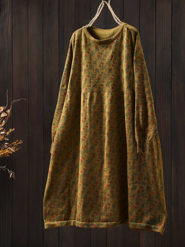 Retro Cotton Round Neck Floral Printed Loose Long Sleeves Dress