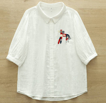 Women Cotton Double Gauze Horse Embroidery Loose Mid-Sleeve Shirt