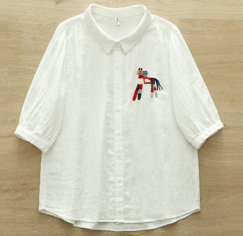 Women Cotton Double Gauze Horse Embroidery Loose Mid-Sleeve Shirt