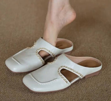 Women Vintage Leather Hollow Breathable Square Toe Flat Mules Sandals
