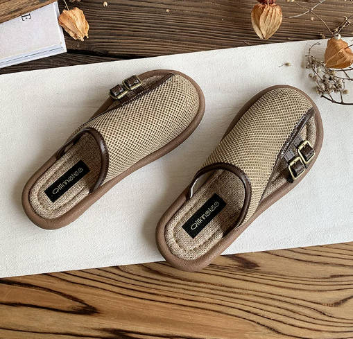 Summer  Women Linen Hollow-out Breathable Closed-Toe Mules Slip-on