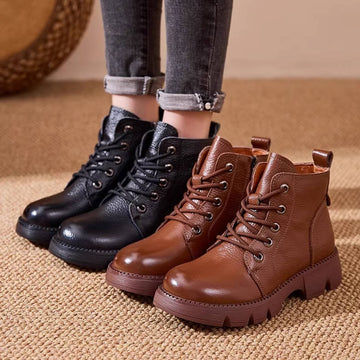 Autumn Top Grain Leather Retro Platform Chunky Ankle Boots