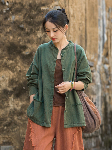 Autumn Ramie  Round Neck Brushed Frog Button Casual Shirt