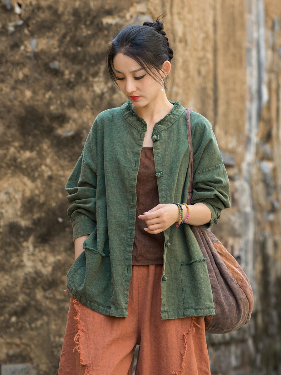 Autumn Ramie  Round Neck Brushed Frog Button Casual Shirt