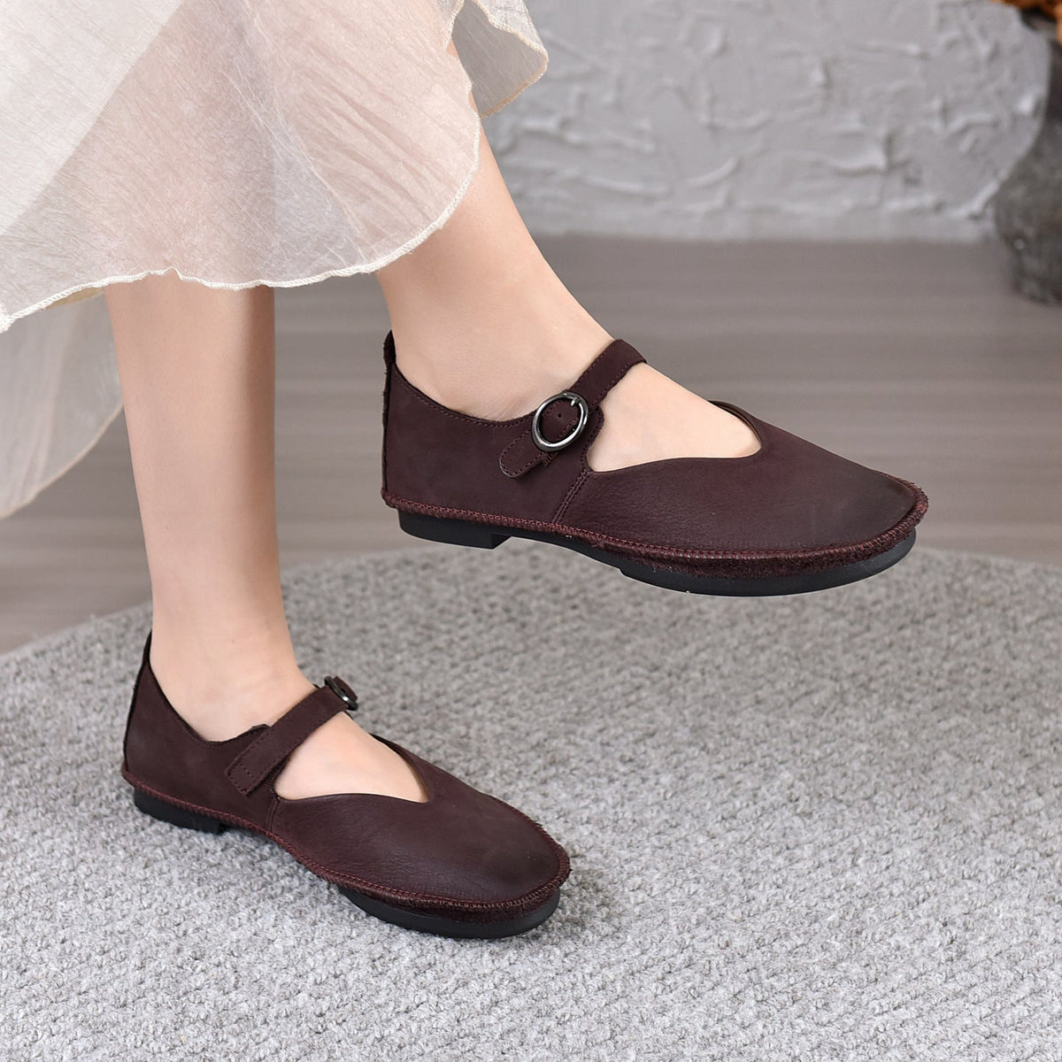 Spring Genuine Leather Round Toe One Straped Versatile Flat Shoes