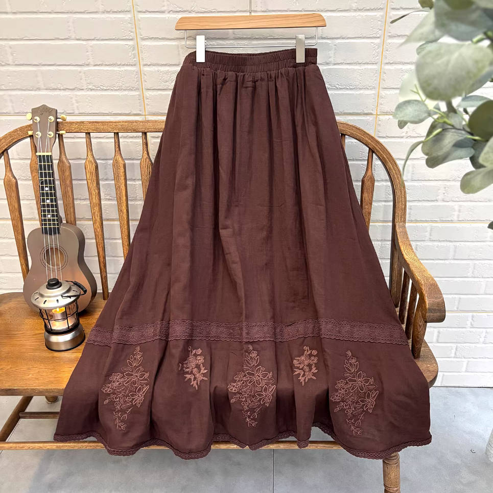 Retro Cotton Coffee Embroidered Elastic Waist A-Line Skirt