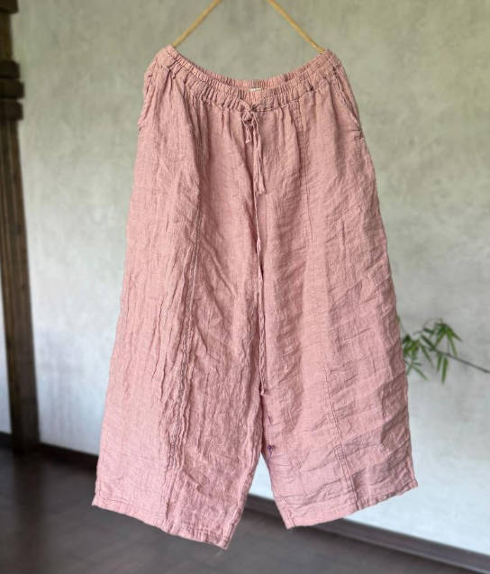 Vintage Women Yarn-Dyed Linen Drawstring Loose Waist Nine-Part Pants
