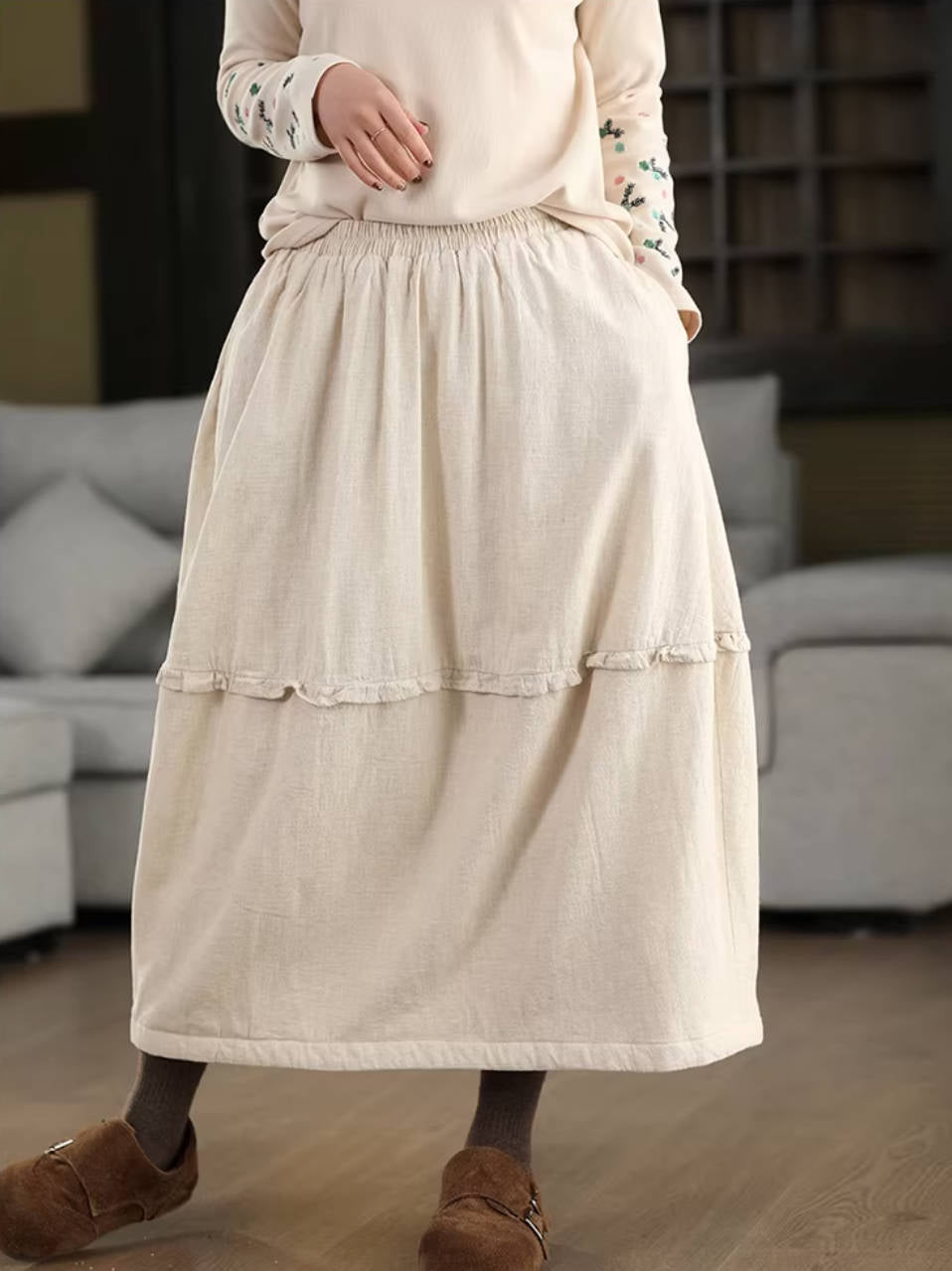 Winter Ramie Warm Cotton-In Ruffled Thick Loose Skirt