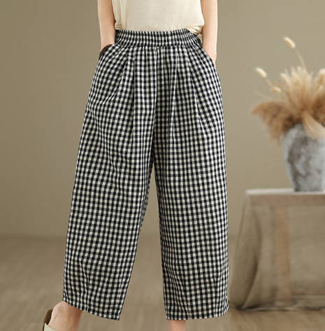 Vintage Cotton Linen Loose Fit Slimming Versatile Plaid Capris Pant