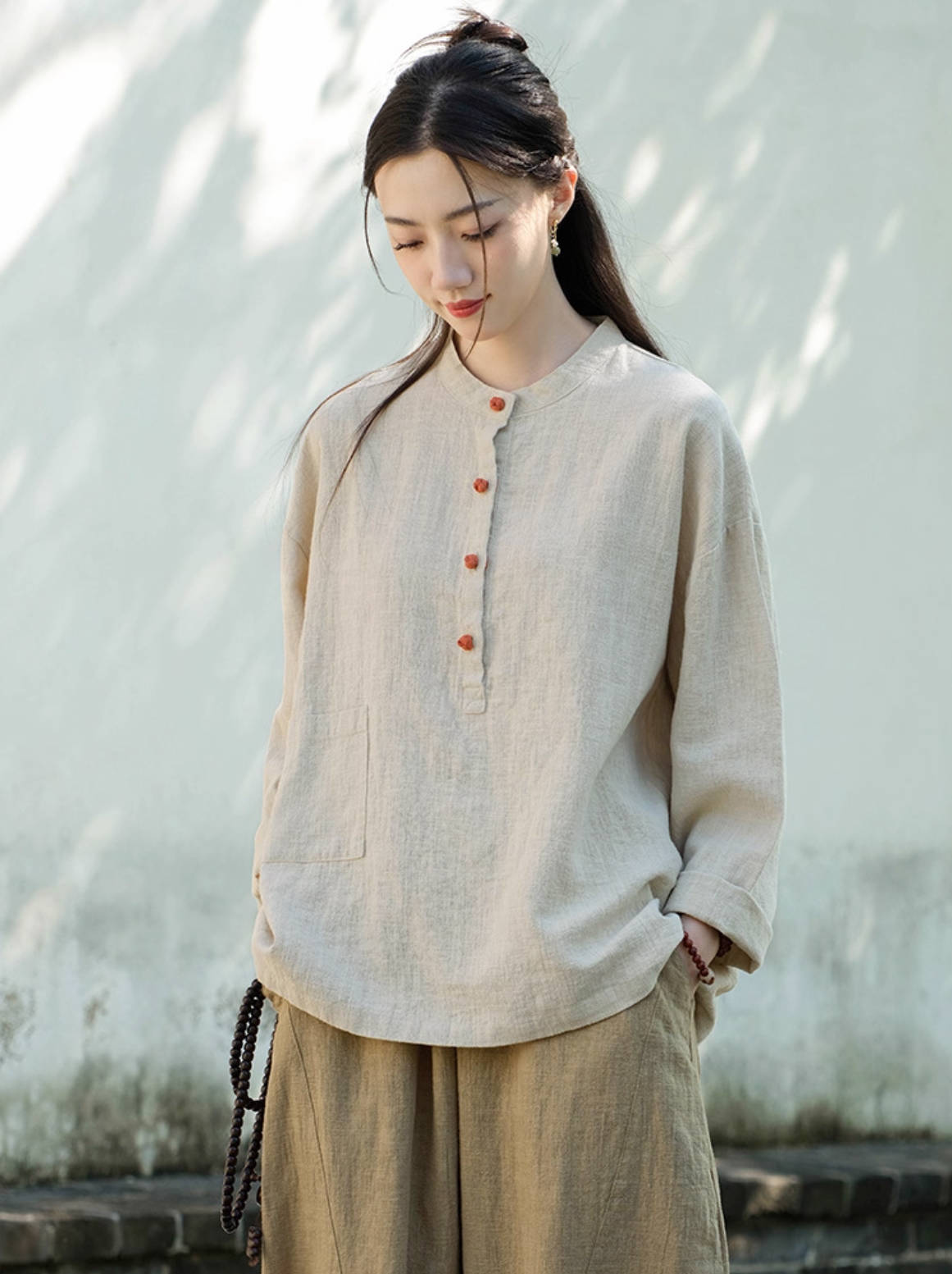 Retro Cotton Linen Round Neck Long Sleeves Loose Overshirt