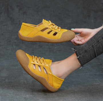 Women Top Layer Cowhide Perforated Breathable Soft Sole Flats