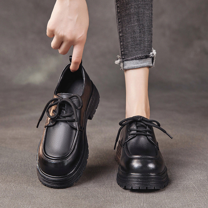 Spring Top Leather Round Toe Platform Thick Sole Lace-Up Casual Shoes