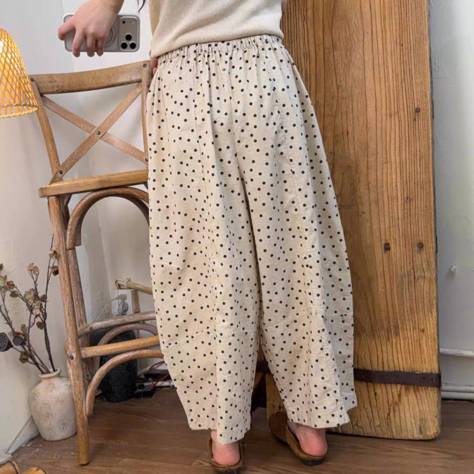 Casual Linen Polk Dots Patchwork Wide Legs Elastic Wasit Pants