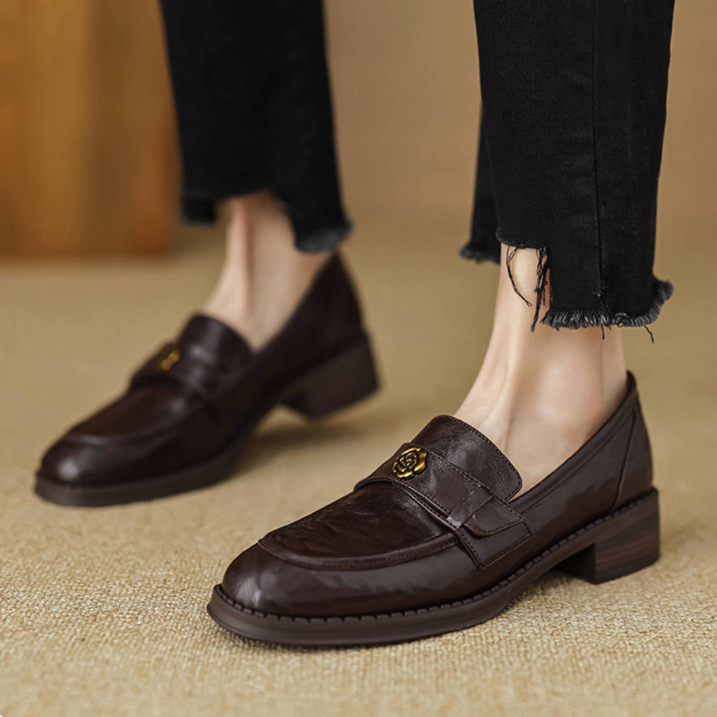 Vintage Sheepskin Leather Camellia Chunky Loafer Shoes