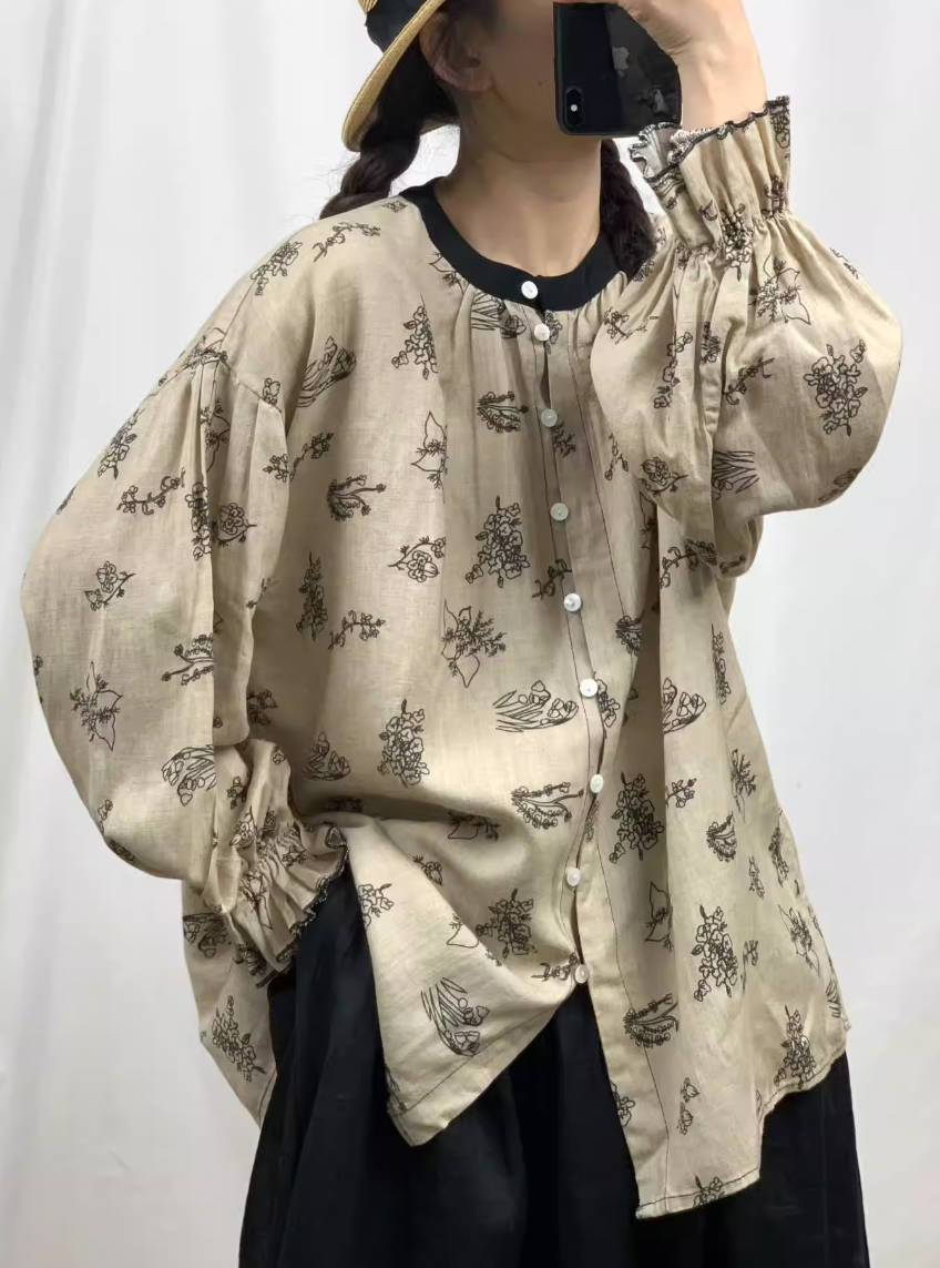 Spring Retro Ramie Printed Comfortable Round Neck Loose Lazy Tops