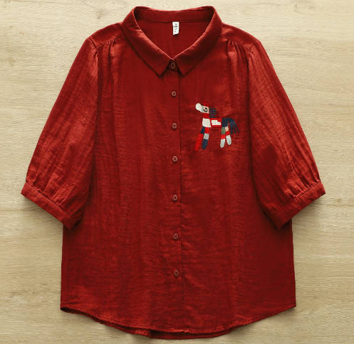 Women Cotton Double Gauze Horse Embroidery Loose Mid-Sleeve Shirt