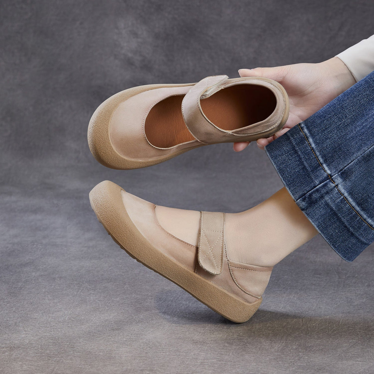 Patchwork Leather Rubber Shallow One Straped Velcro Soft Sole Flats