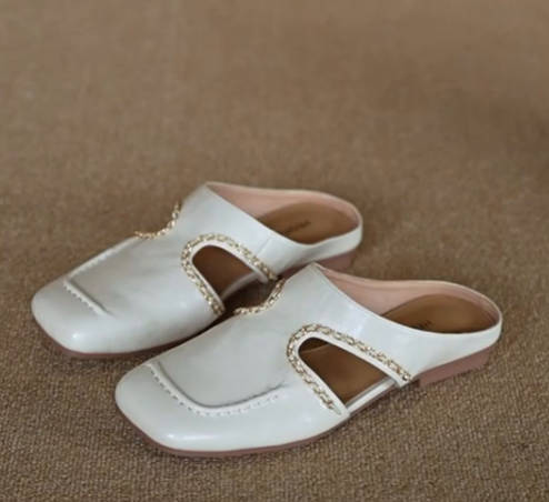Women Vintage Leather Hollow Breathable Square Toe Flat Mules Sandals
