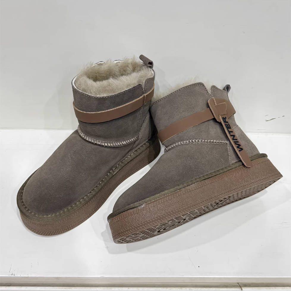 Winter Warm Leather Woolen Platform No-Slip Straped Ankle Boots
