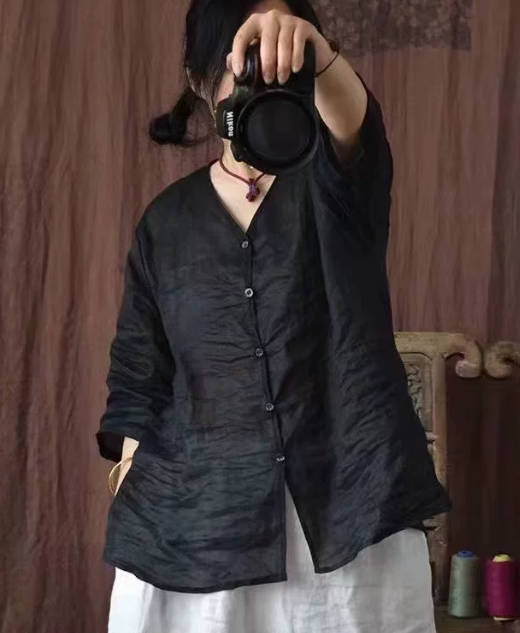 Summer Loose Original Pure Ramie Three-Quarter Sleeve Shirt Top