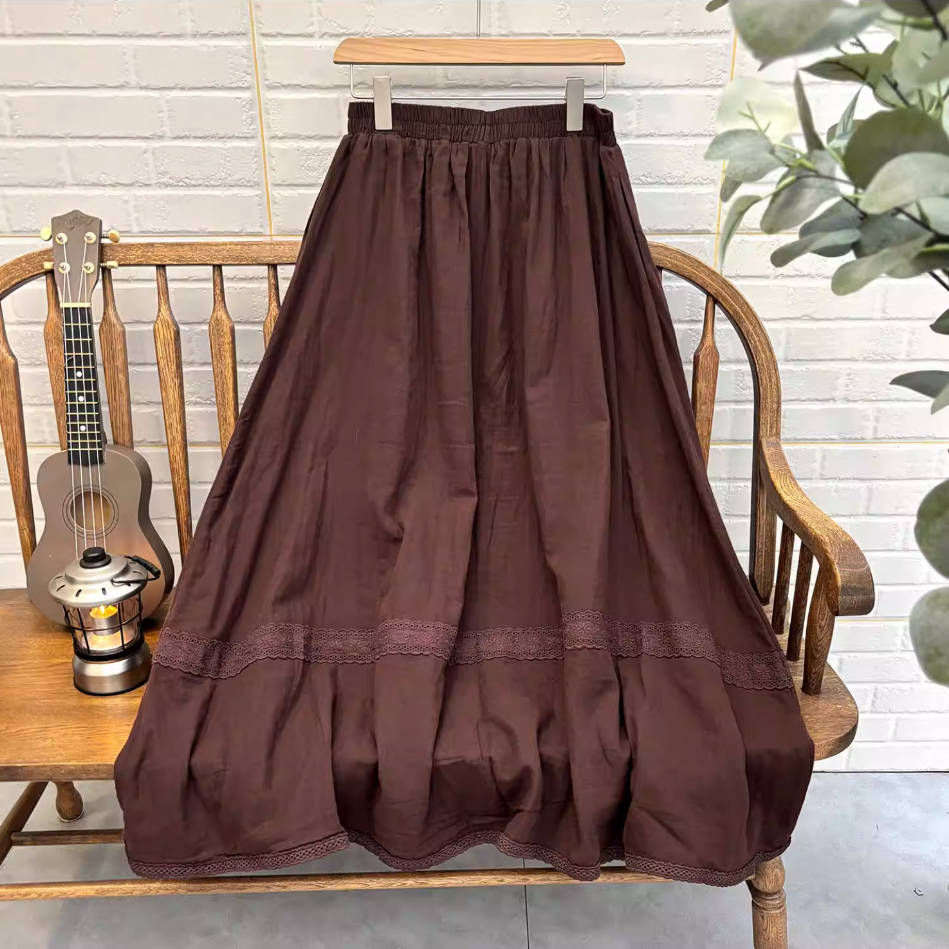 Retro Cotton Coffee Embroidered Elastic Waist A-Line Skirt