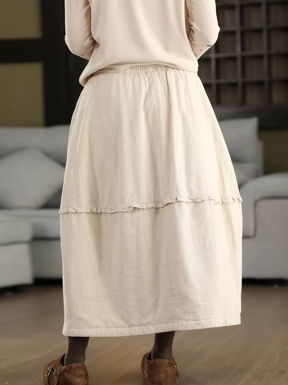 Winter Ramie Warm Cotton-In Ruffled Thick Loose Skirt