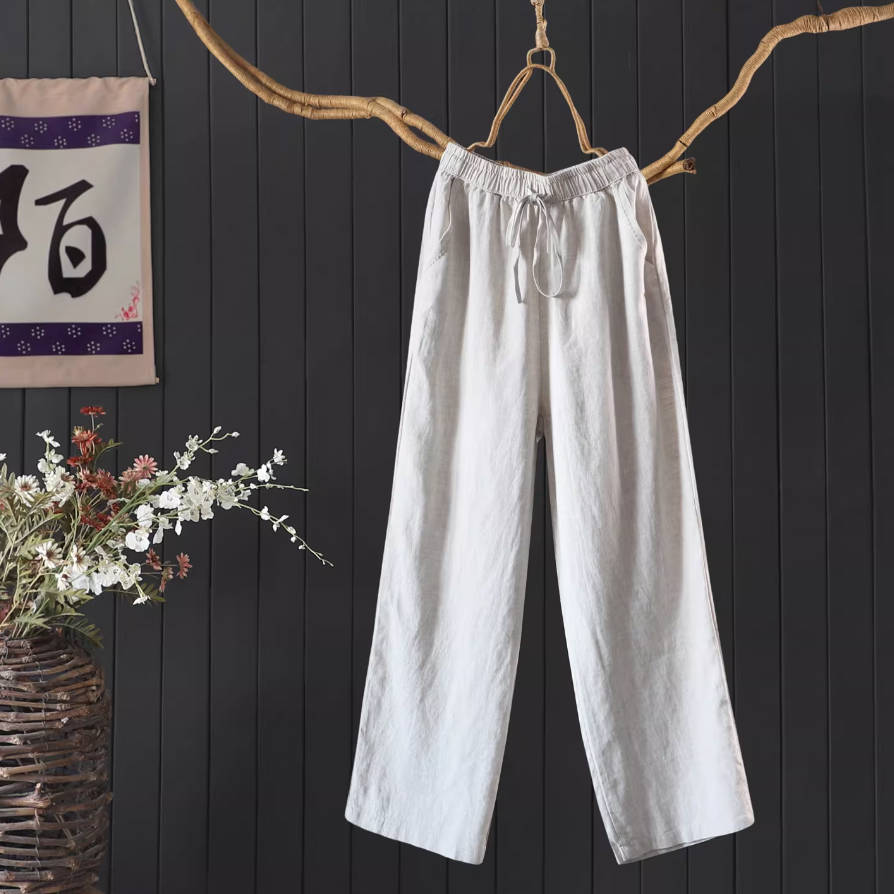 Spring Linen Solid Color Embroidered Elastic Waist Soft Pants