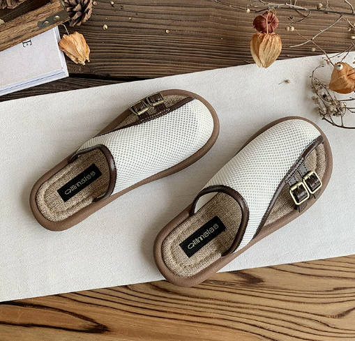 Summer  Women Linen Hollow-out Breathable Closed-Toe Mules Slip-on