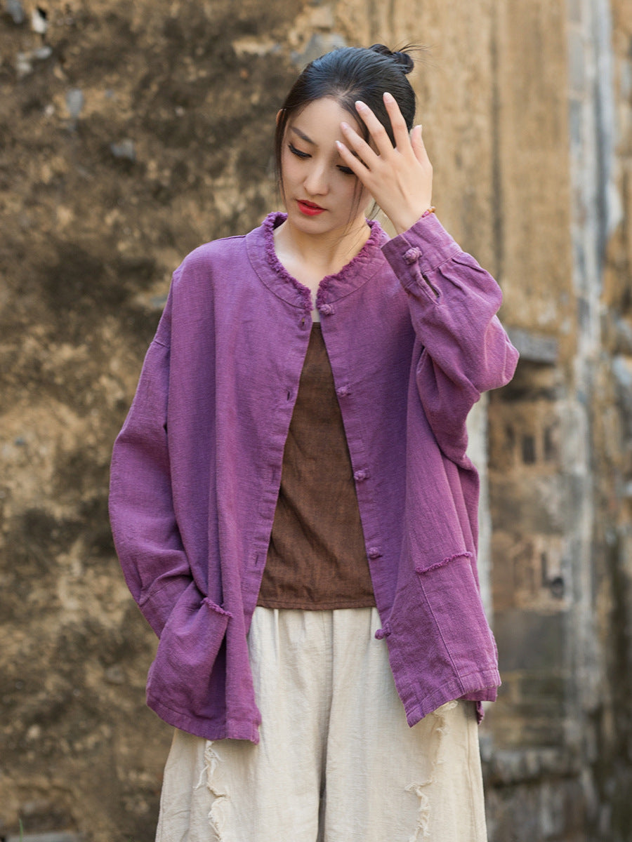 Autumn Ramie  Round Neck Brushed Frog Button Casual Shirt