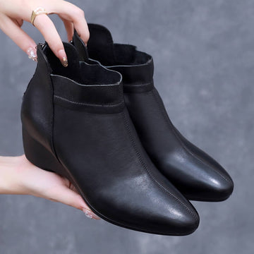 Women Leather Platform Soft Sole No-Slip Zipper Ankle Boots