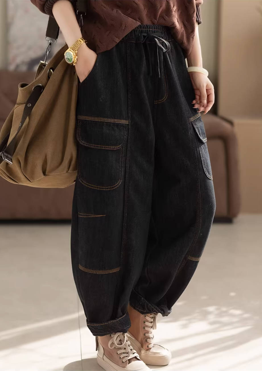 Denim Retro Black Plush Warm Casual Embroidered Harem Pants