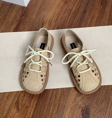 Women Vintage Round Toe Lace Up Hollowed-out Linen Soft Flat