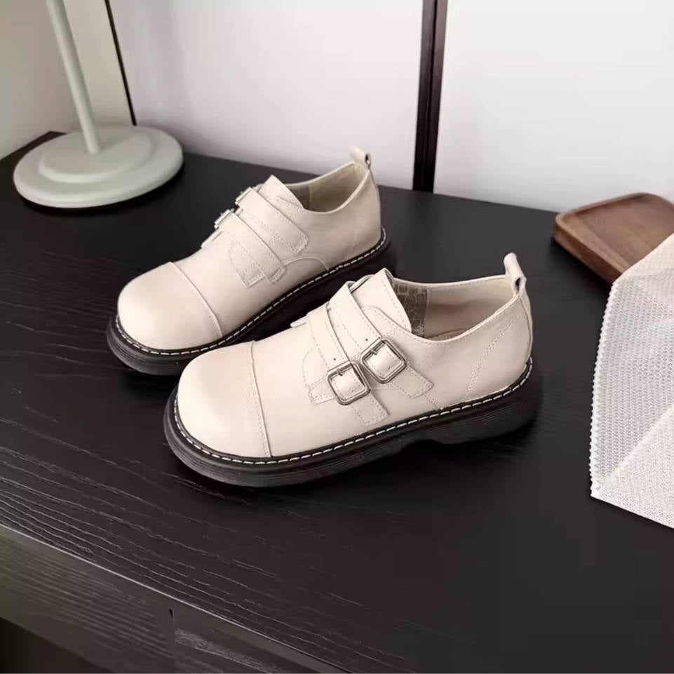 Vintage Leather Round Toe Double Straped Soft Sole Versatile Shoes