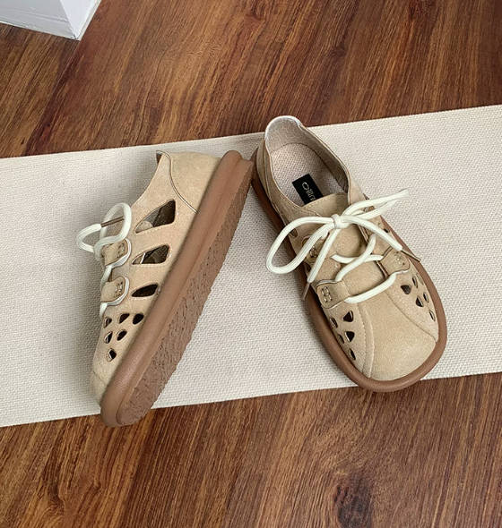 Women Vintage Round Toe Lace Up Hollowed-out Linen Soft Flat