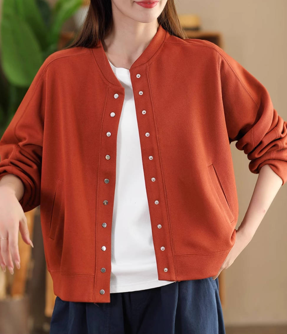 Casual Cotton Round Neck Solid Color Single-Breasted Jacket