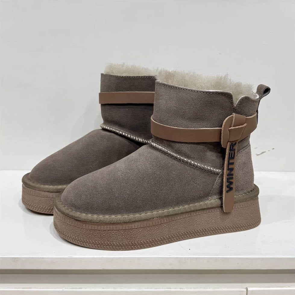 Winter Warm Leather Woolen Platform No-Slip Straped Ankle Boots
