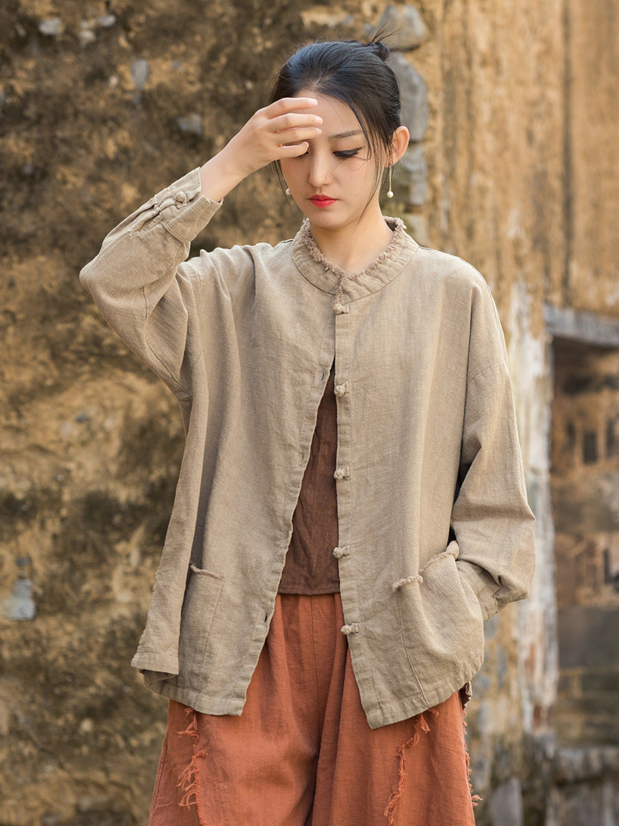 Autumn Ramie  Round Neck Brushed Frog Button Casual Shirt