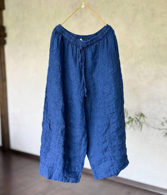 Vintage Women Yarn-Dyed Linen Drawstring Loose Waist Nine-Part Pants