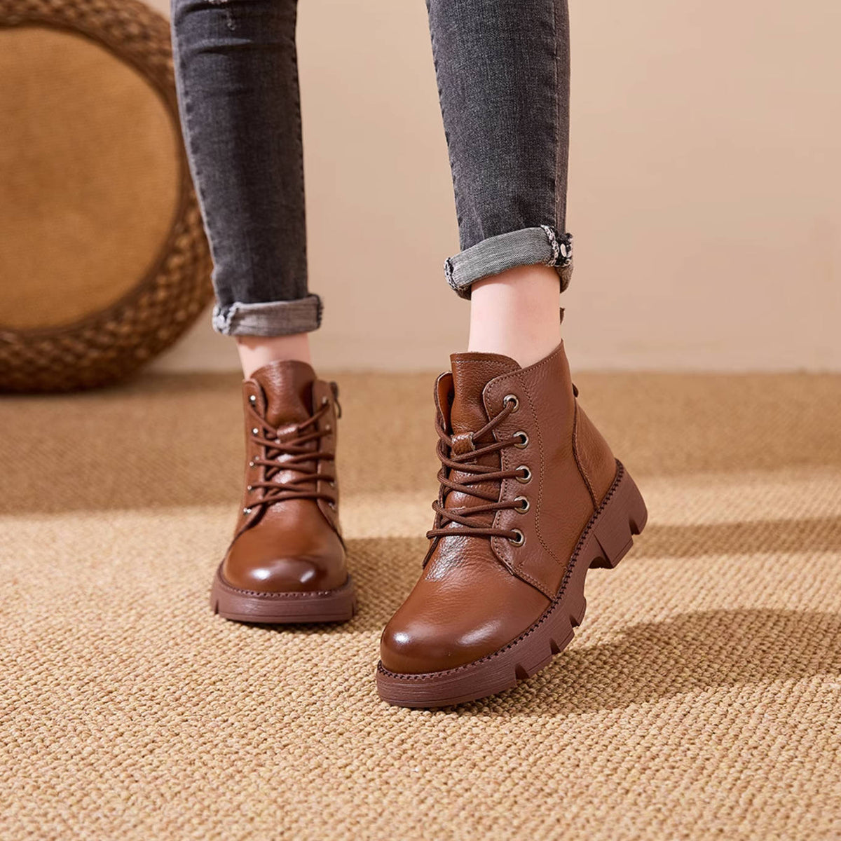 Autumn Top Grain Leather Retro Platform Chunky Ankle Boots