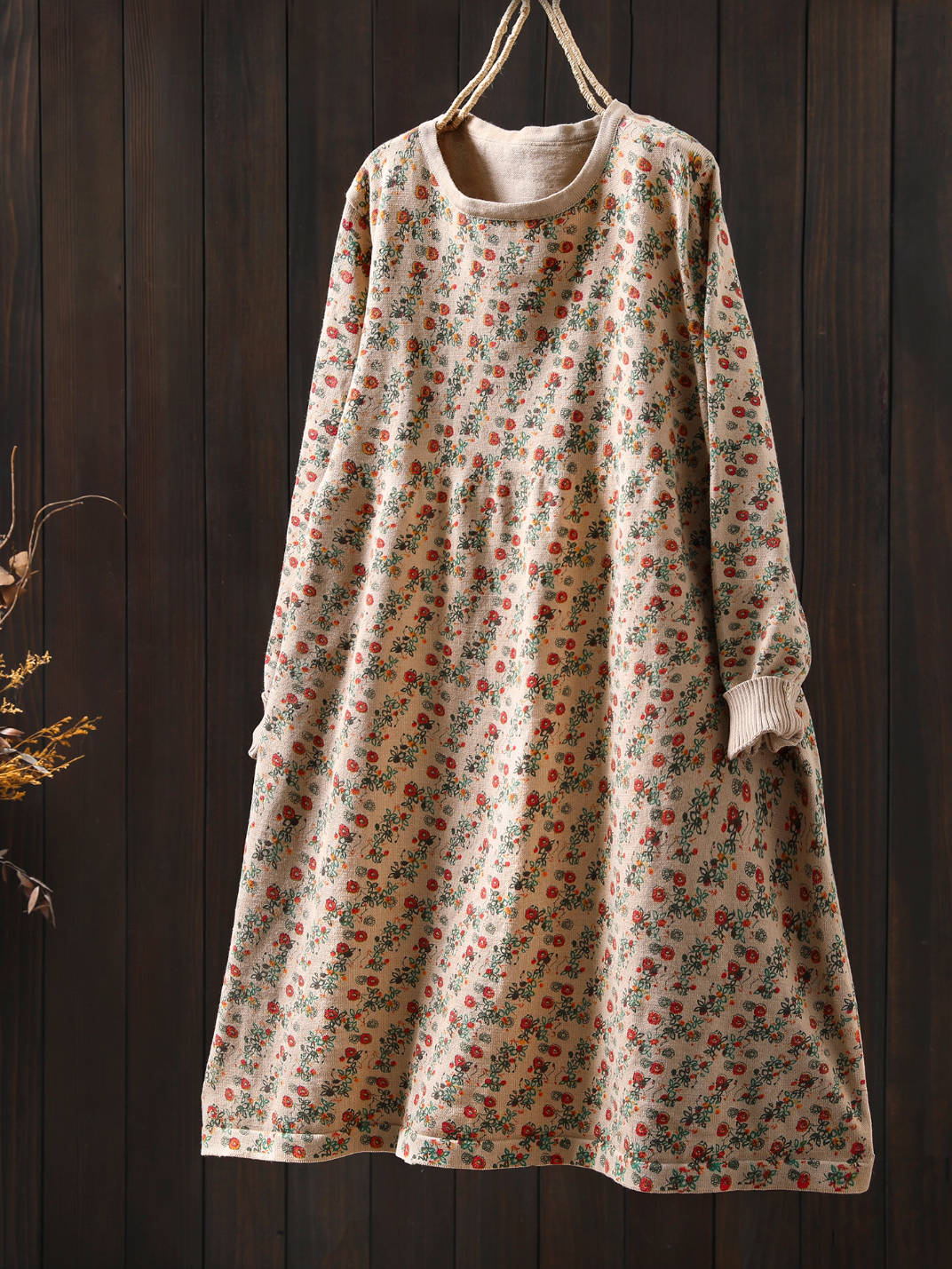 Retro Cotton Round Neck Floral Printed Loose Long Sleeves Dress
