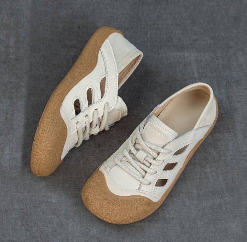 Women Top Layer Cowhide Perforated Breathable Soft Sole Flats