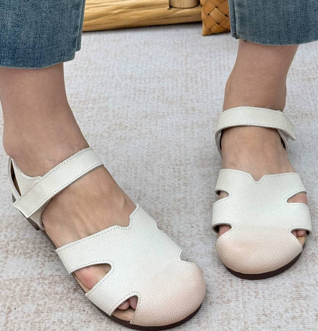 Vintage Women Leather Hallow Out Closed Toe Soft Sandals