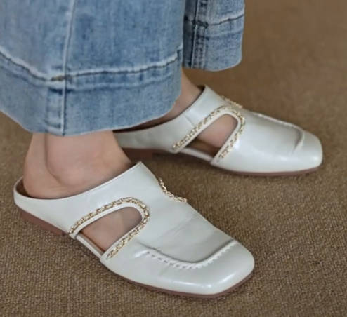 Women Vintage Leather Hollow Breathable Square Toe Flat Mules Sandals