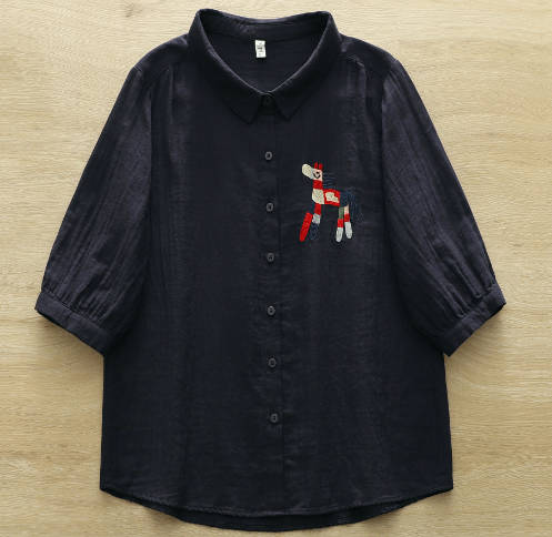 Women Cotton Double Gauze Horse Embroidery Loose Mid-Sleeve Shirt