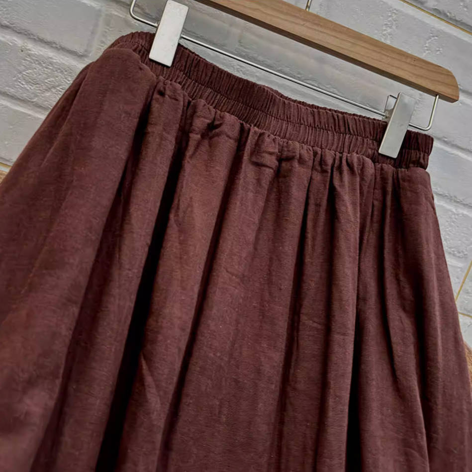 Retro Cotton Coffee Embroidered Elastic Waist A-Line Skirt