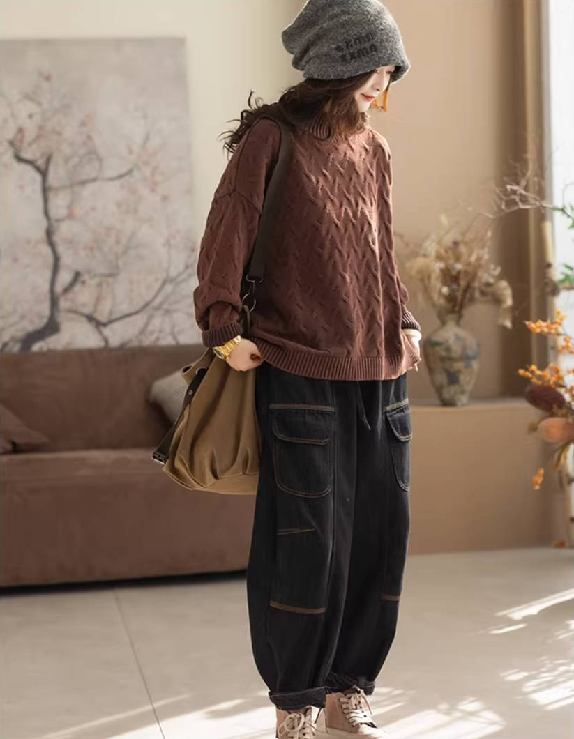 Denim Retro Black Plush Warm Casual Embroidered Harem Pants