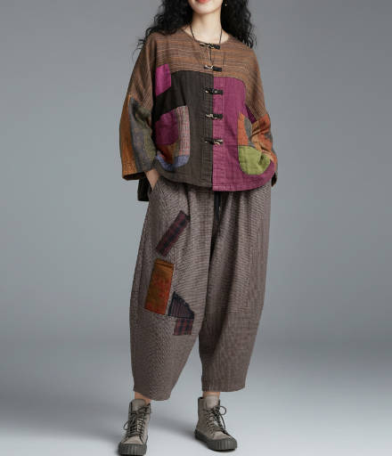 Autumn Artistic Retro Cotton-Linen Patchwork Frog Button Jacket