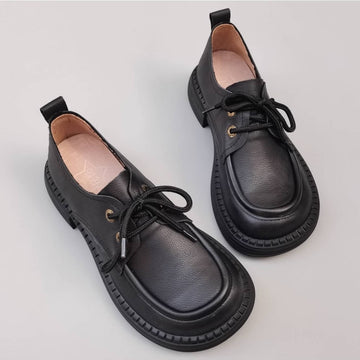 Retro Top Leather Wide Toe Soft Sole Chunky Lace-Up Slip-On Shoes