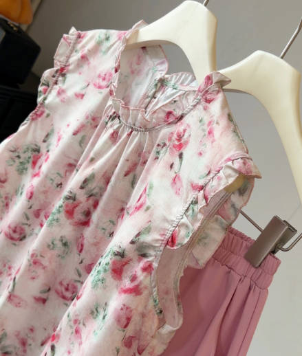 Vintage Summer French Chic Ruffle Trim Sleeveless Top & Shorts Set